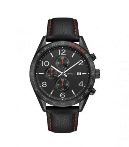Caravelle by Bulova Mens 45B153 Black IP Stainless Chrono Black Leather Strap Watch