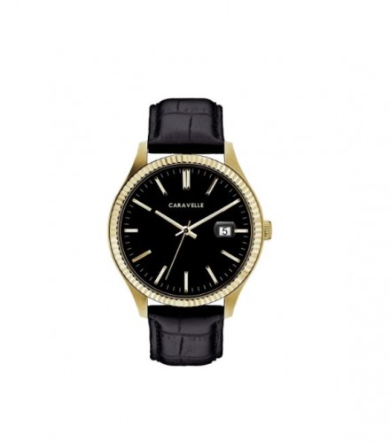 Caravelle Designed by Bulova Men's 44B118 Gold-Tone Stainless Black Leather Strap Watch