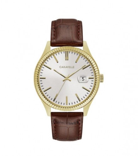 Caravelle Designed by Bulova Men's 44B115 Gold-Tone Stainless Coin-Edge Bezel Brown Leather Strap Watch