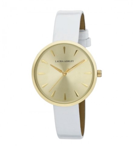 Laura Ashley Womens Gold Round Case With White Strap Watch