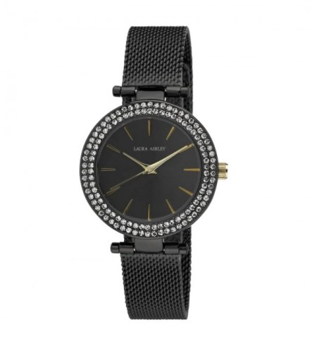 Laura Ashley Ladies Black T-Bar Case Double Stone Bezel Mesh Band Watch