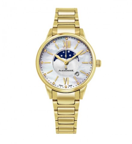 Alexander Women's Swiss Made Moonphase 'Vassilis' Gold Tone Stainless Steel Link Bracelet Watch