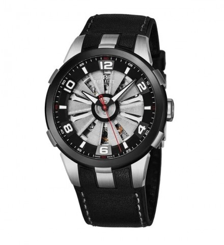 Perrelet Men's A1082/1A 'Turbine Skeleton' Silver Skeleton Dial Black Leather Strap Automatic Watch