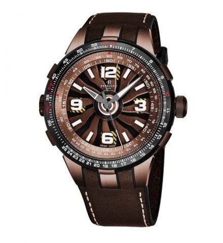 Perrelet Men's A1094/1A 'Turbine Pilot' Brown Turbine Dial Brown Leather Strap Automatic Watch