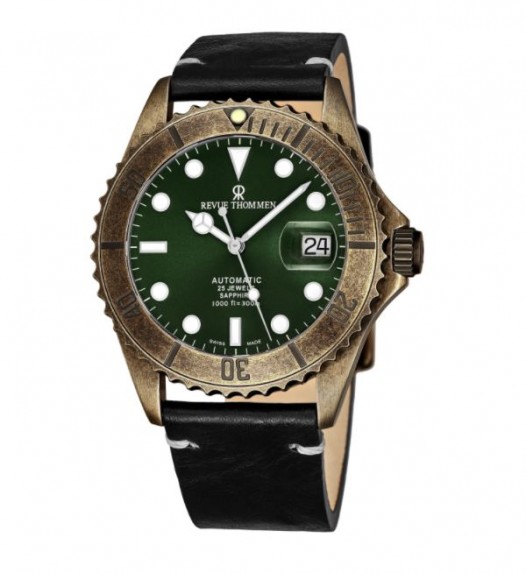 Revue Thommen 17571.2583 Diver Green Dial Black Leather Strap Date Automatic Watch