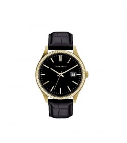 Caravelle Designed by Bulova Men's 44B118 Gold-Tone Stainless Black Leather Strap Watch