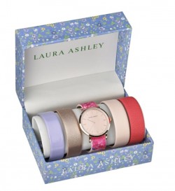Laura Ashley Womens LASS1101RG Rose Gold Case Floral Strap Watch Set Interchangeable Straps