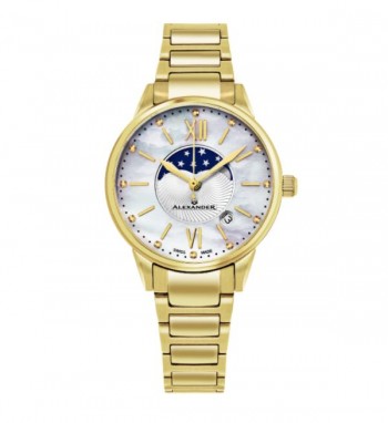 Alexander Women's Swiss Made Moonphase 'Vassilis' Gold Tone Stainless Steel Link Bracelet Watch