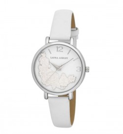 Laura Ashley Womens Silver Round Floral Bounty Strap Watch