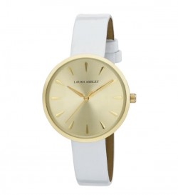 Laura Ashley Womens Gold Round Case With White Strap Watch