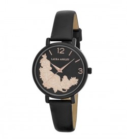 Laura Ashley Womens Black Round Floral Bounty Strap Watch