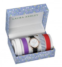 Laura Ashley Womens LASS1105RG Rose Gold Case Solid Strap Watch Set Interchangeable Straps
