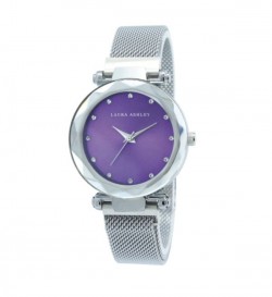 Laura Ashley Womens Silver Strap Purple Dial Facet Bezel Magnet Closure Watch