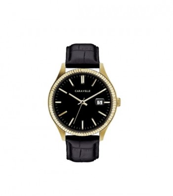 Caravelle Designed by Bulova Men's 44B118 Gold-Tone Stainless Black Leather Strap Watch