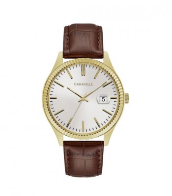 Caravelle Designed by Bulova Men's 44B115 Gold-Tone Stainless Coin-Edge Bezel Brown Leather Strap Watch