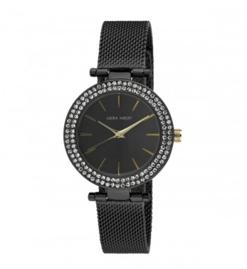 Laura Ashley Ladies Black T-Bar Case Double Stone Bezel Mesh Band Watch